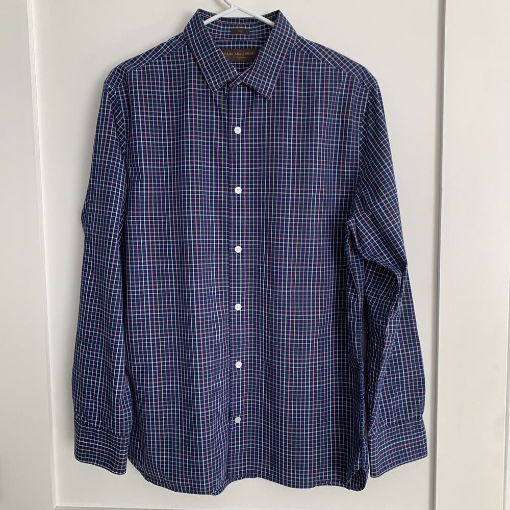 Fairlane & Sons Mens Slim Fit Wrinkle Free Cotton Navy Plaid Button Down Shirt‎